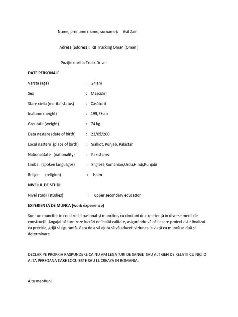 Asif Zain Truck Driver, Oman, All Document | PDF