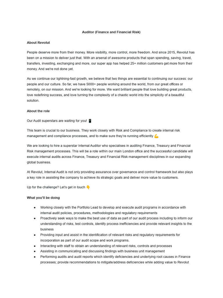 Internal Auditor - Finance & Risk at Revolut | PDF | Internal Audit | Audit