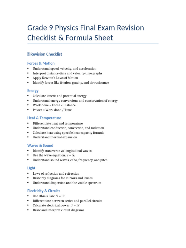Class 9 Physics Formula Sheet | PDF