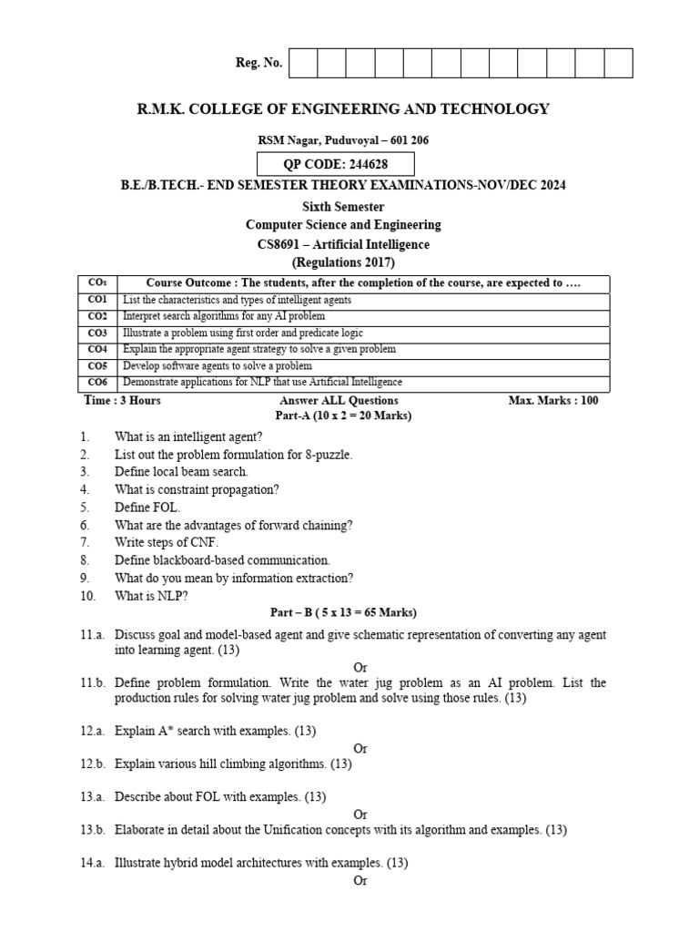 AI Exam Questions for CS8691 | PDF | Artificial Intelligence ...