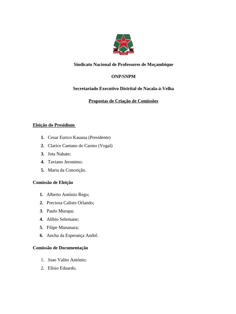 Propostas de Comissões do SNPM Nacala-á-Velha | PDF