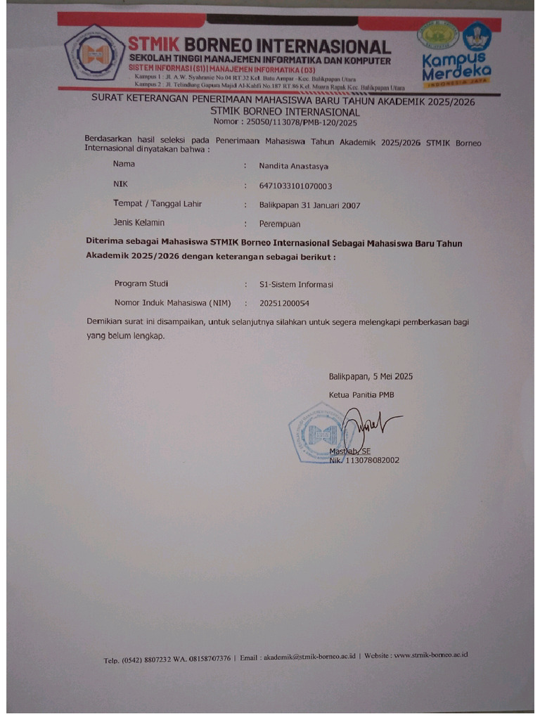 Surat Keterangan Diterima Perguruan Tinggi | PDF