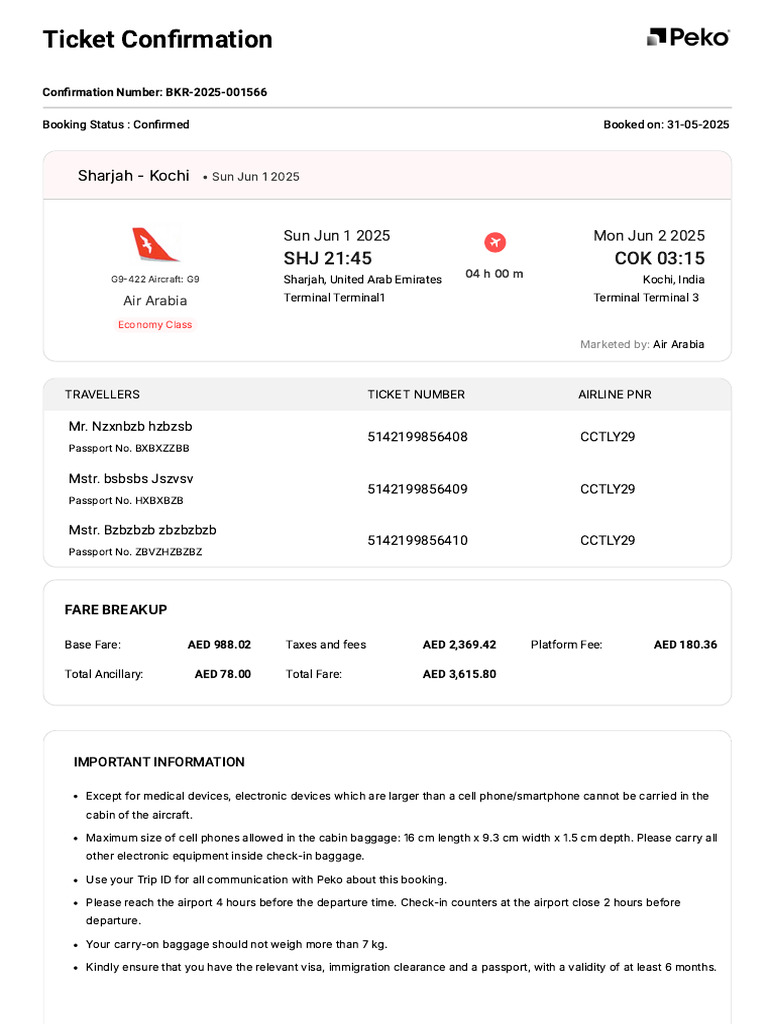 Flight Ticket #Cctly29 - (SHJ - Cok) | PDF | Aviation