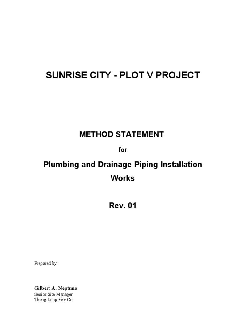 Method Statement For Plumbing Piping Works Rev.01 PDF Plumbing