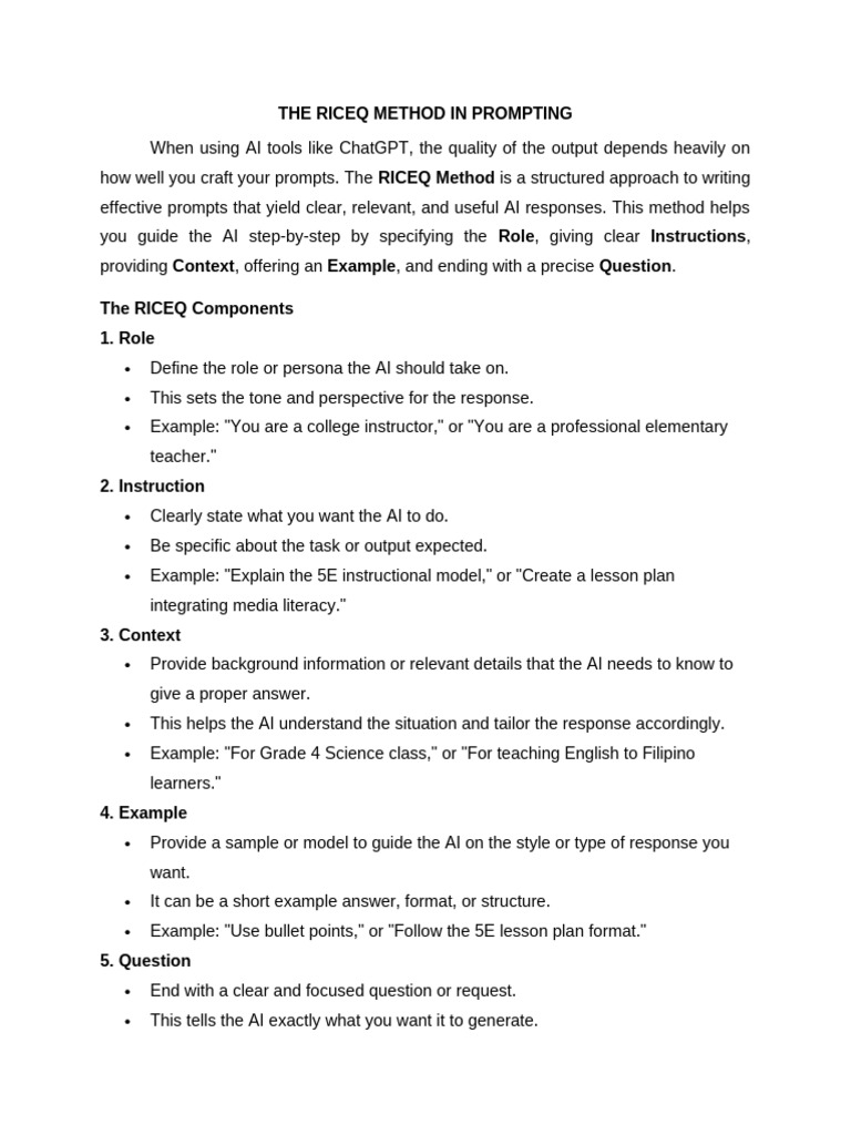 Mastering AI Prompts with RICEQ Method | PDF | Lesson Plan | Teachers