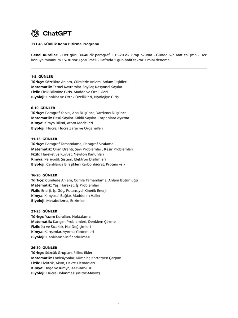 Tyt 45 Gunluk Program | PDF