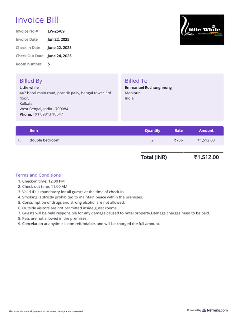 Invoice LW 2509 Little While Emmanuel Rochunghnung | PDF
