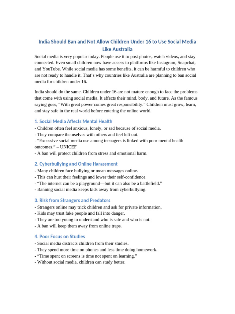 India Social Media Ban Essay Pointwise Class7 | PDF | Cyberbullying ...