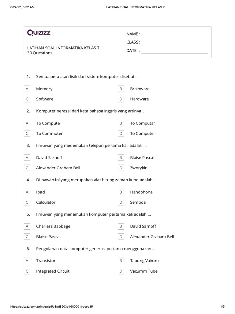 Latihan Soal Informatika Kelas 7 | PDF