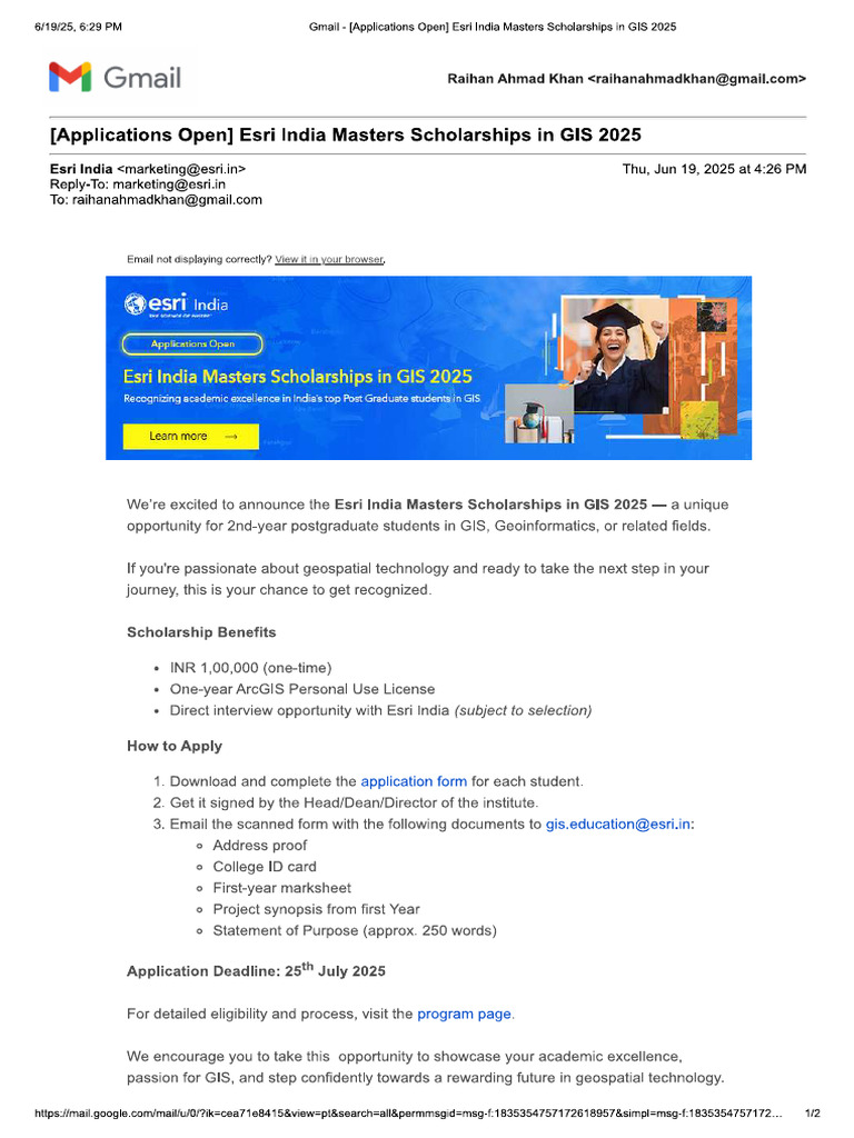 Esri India Masters Scholarships in GIS 2025 | PDF