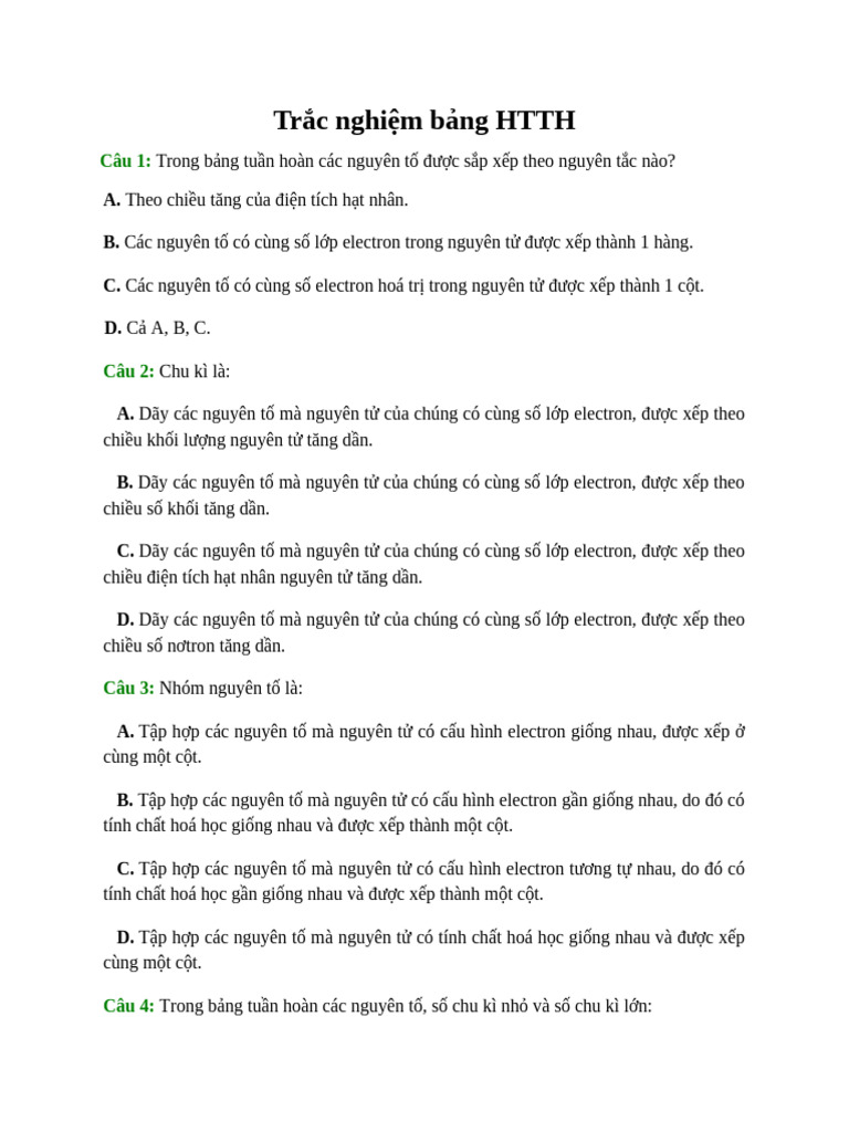 Trắc Nghiệm Bảng HTTH | PDF