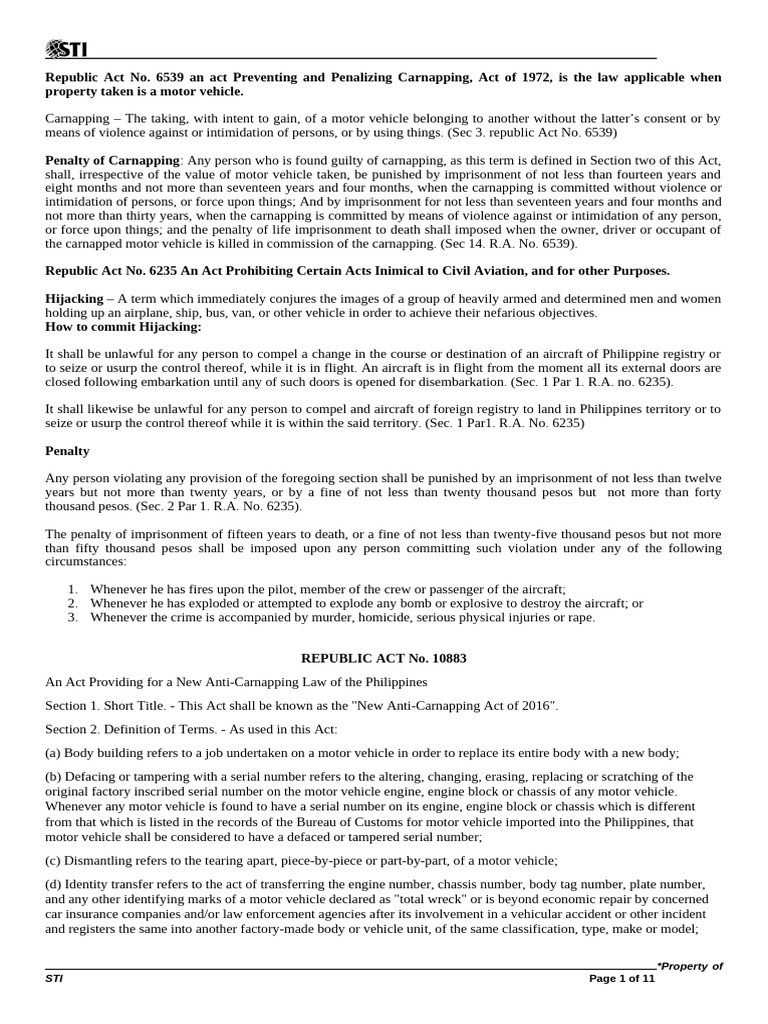 Philippine Anti-Carnapping Laws Overview | PDF | Human Trafficking ...