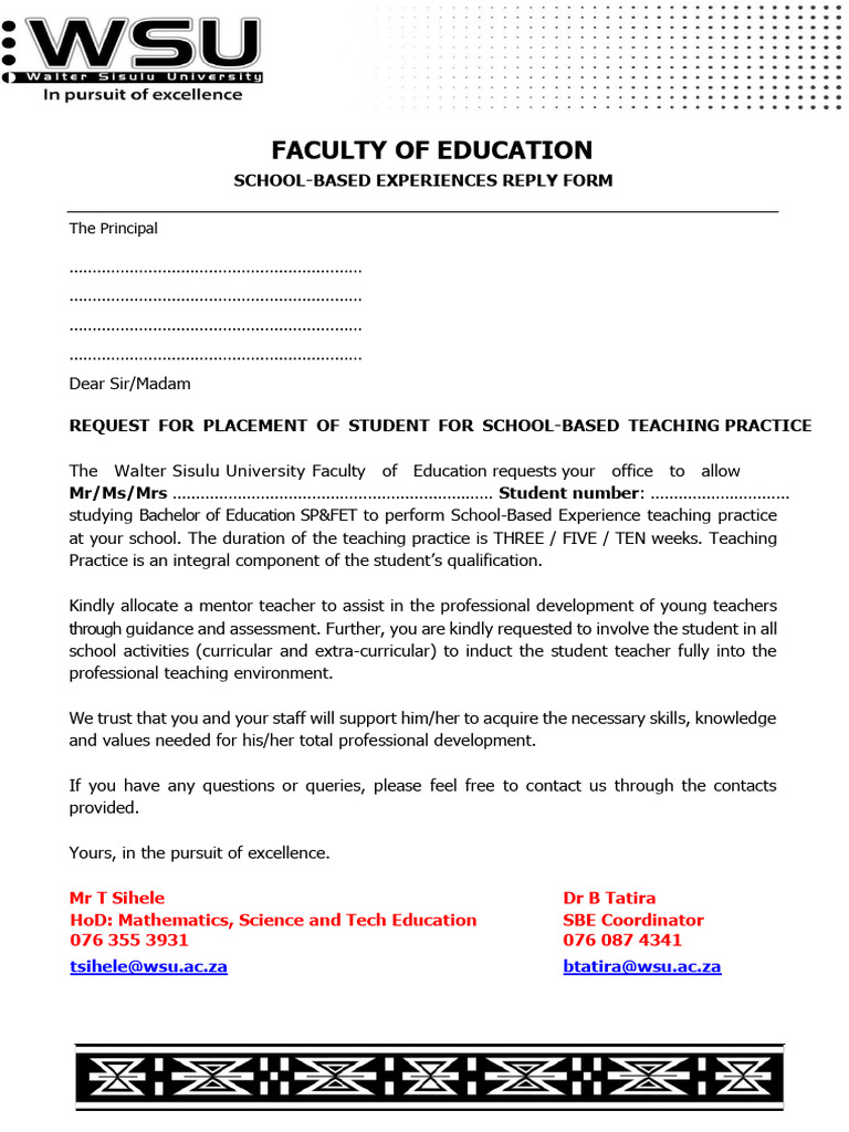 Student Teaching Practice Placement Request | PDF | Learning