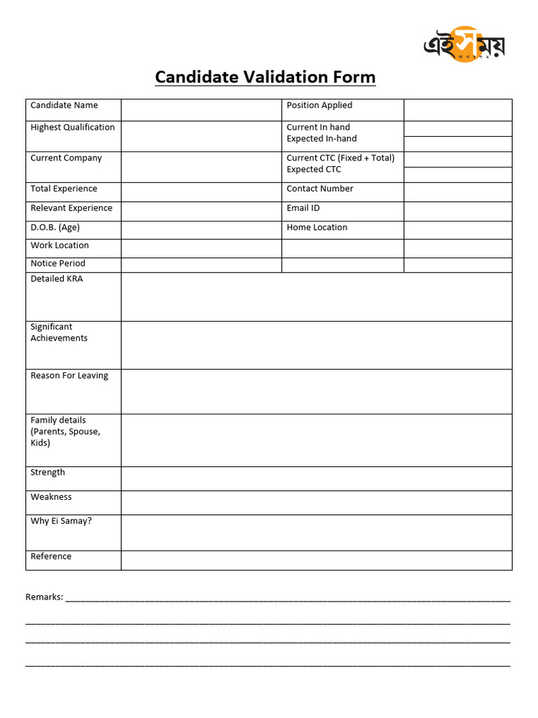 Candidate Validation Form Template | PDF