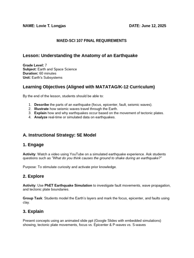 Anatomy of Earthquakes Lesson Plan | PDF | Earthquakes | Seismology