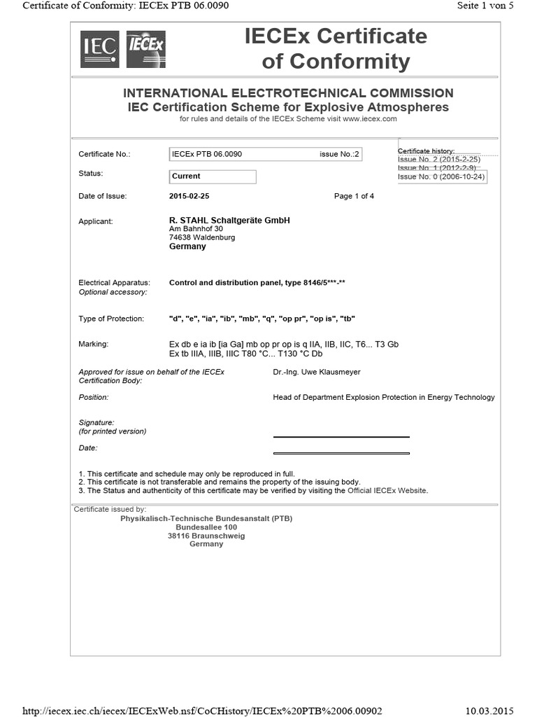 IECEx PTB 06.0090 Certificate Overview | PDF | Electricity