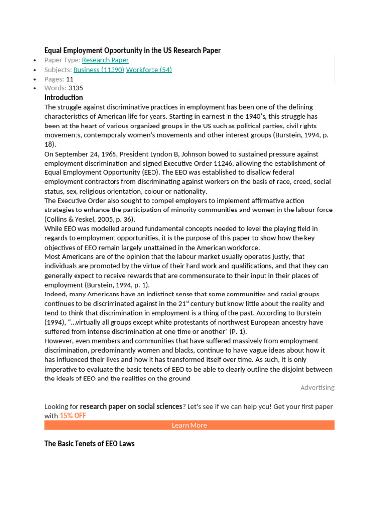 Equal Employment Opportunity in The US Research Paper | PDF ...