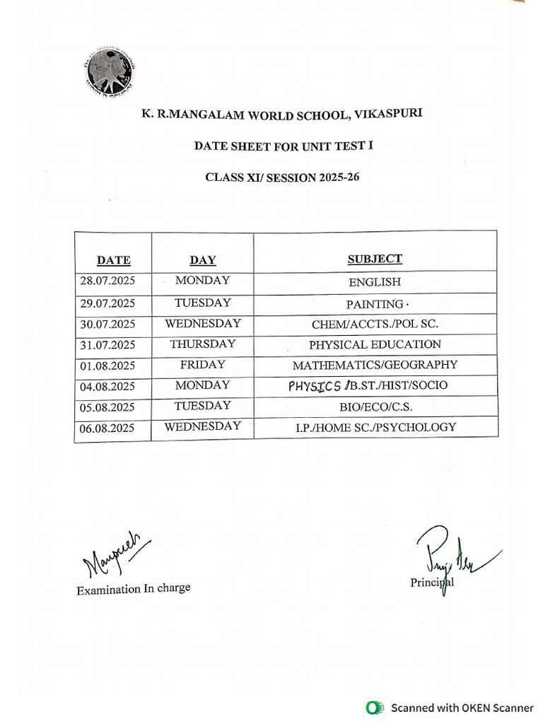 Class XI Datesheet | PDF