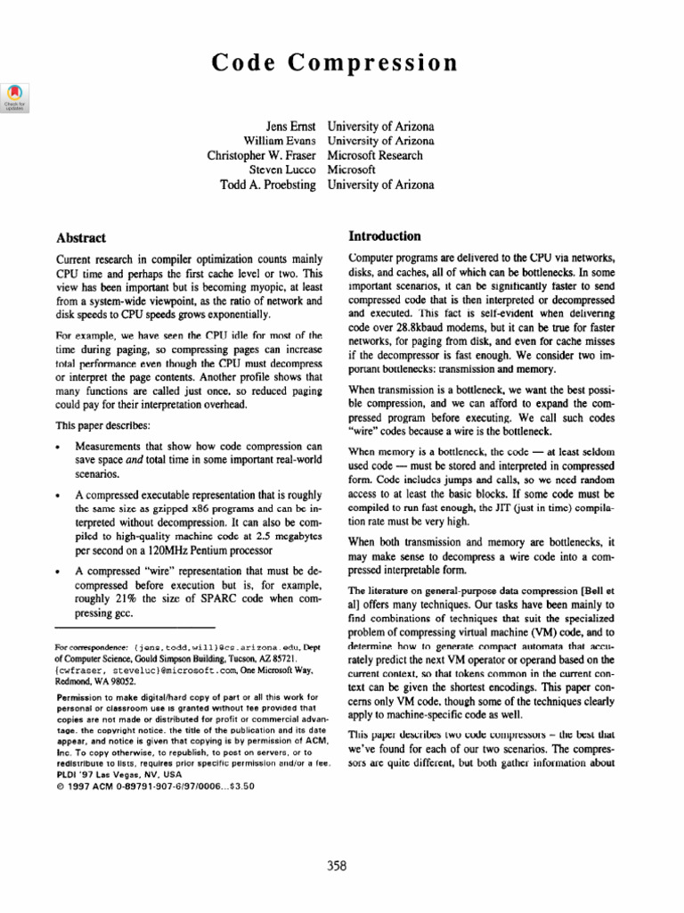 Code Compression: Forcon Spondence: (Jens, Todd, Willl@cs - Ariz.ona ...