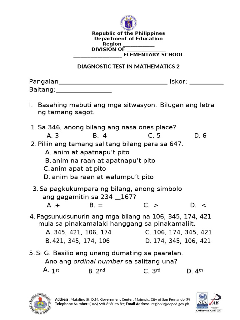 Diagnostic Test - Mathematics 3 v2 | PDF