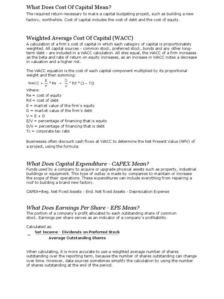 What Does Capital Expenditure CAPEX Mean? Download Free PDF Cost Of Capital Internal