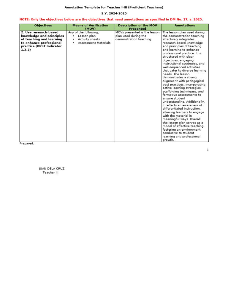 Teacher Annotation Template 2024-2025 | PDF | Lesson Plan ...