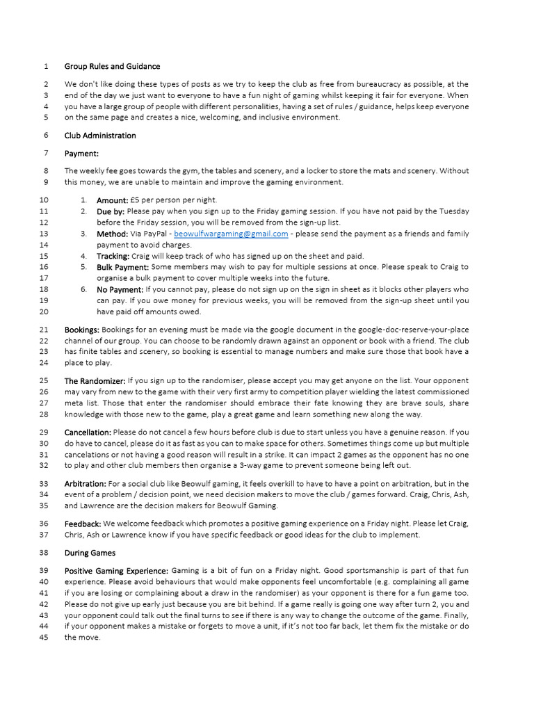 Beowulf Gaming Club Rules and Guidelines | PDF