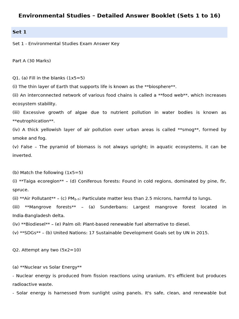 Environmental Studies Exam Answer Key | PDF | Ecosystem | Aquatic Ecosystem