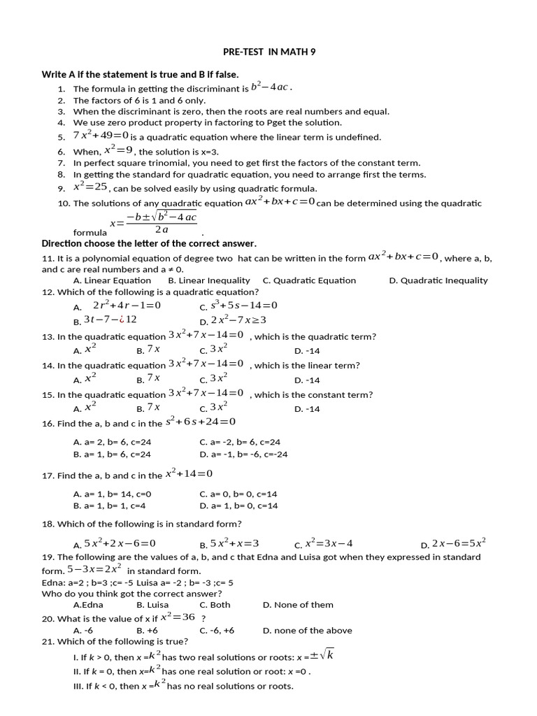 Math 9 Quadratic Equations Pre-Test | PDF | Quadratic Equation | Equations