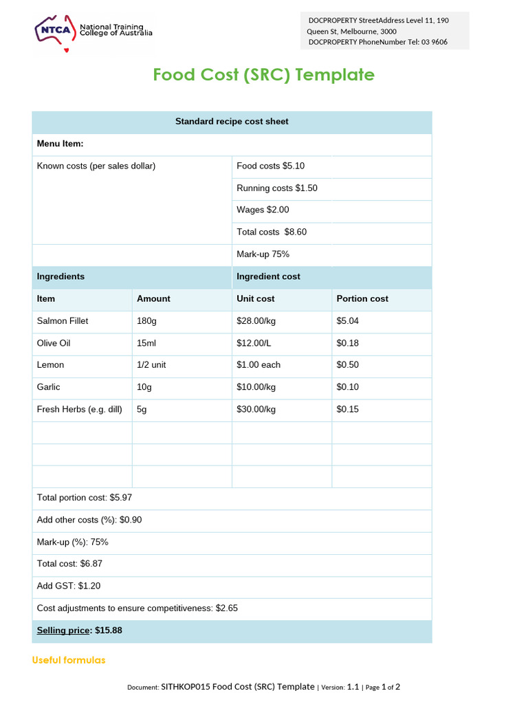 Food Cost Template for Menu Pricing | PDF | Prices | Cuisine