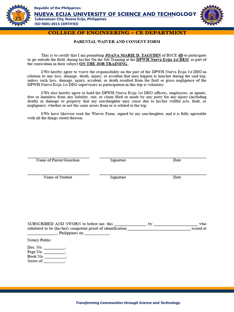 Parental Consent for On-the-Job Training | PDF