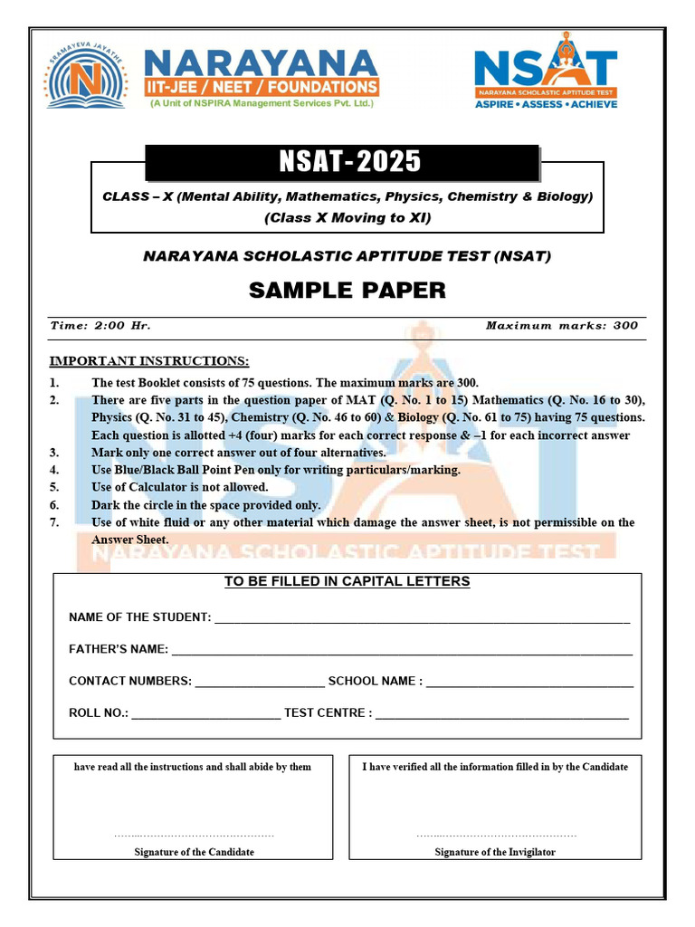 NSAT 2025 Class X Sample Paper | PDF | Area | Waves