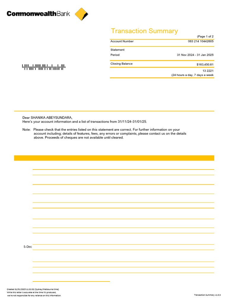 Commonwealth Bank Account Statement Summary | PDF | Credit Card | Debit ...