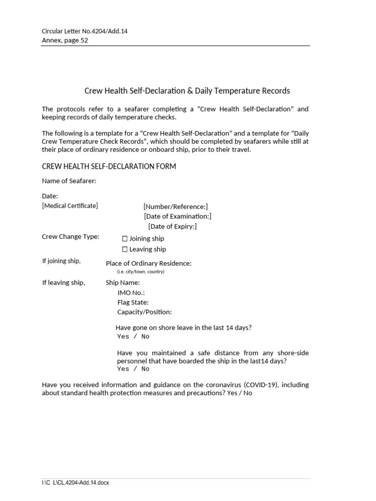 Crew Health Self-Declaration Template | PDF | Medical Specialties ...