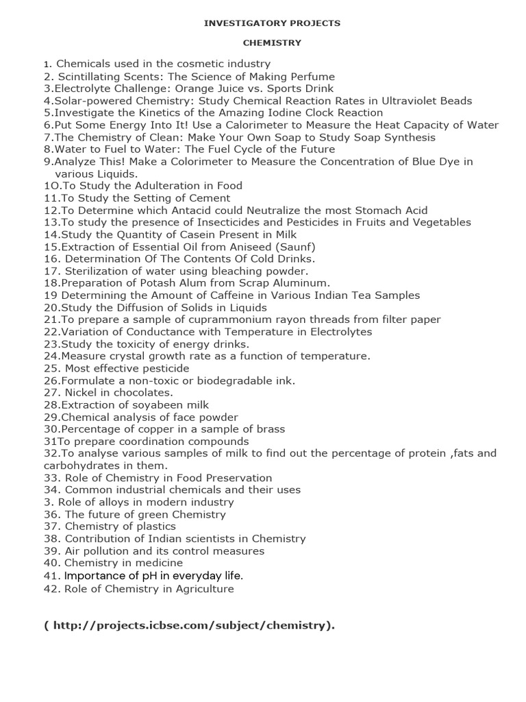 Class 12 Chemistry Project Ideas 2025-26 | PDF