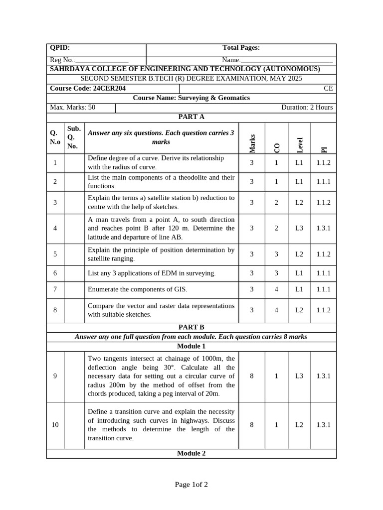 Surveying & Geomatics Exam Questions | PDF | Surveying | Geometry