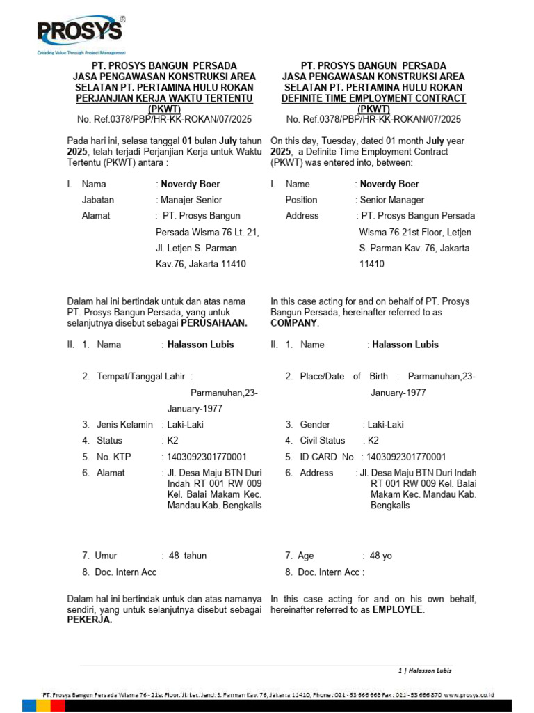 PKWT Halasson Lubis di Prosys | PDF
