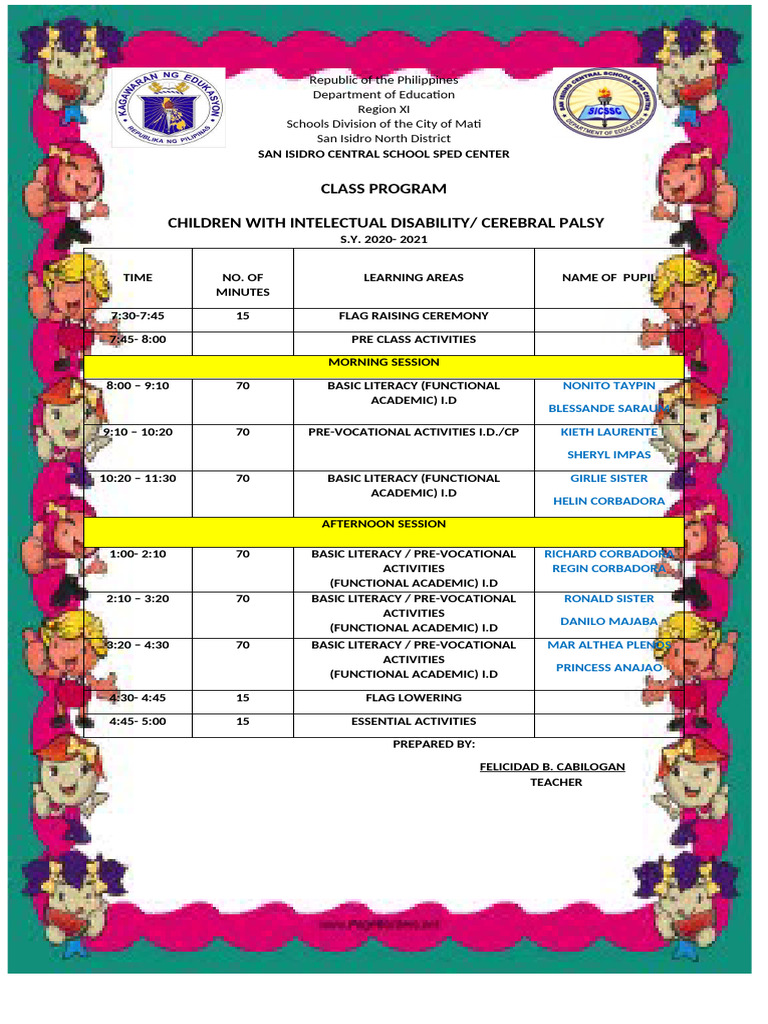 SPED Class Program for Intellectual Disabilities | PDF | Disability