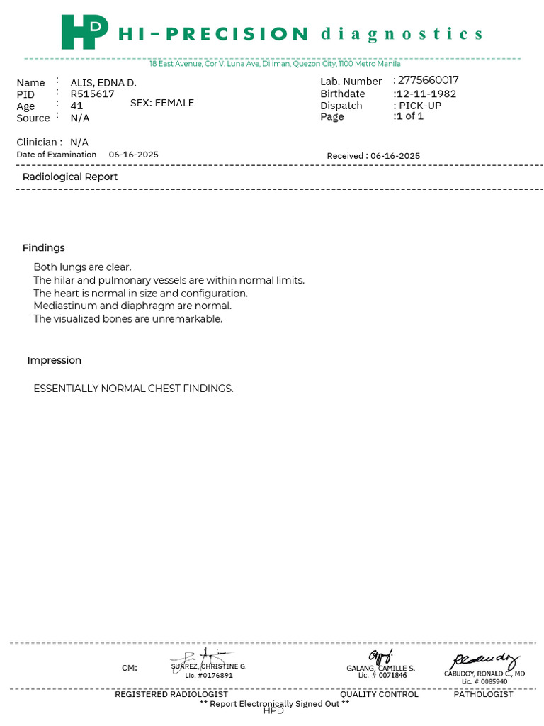 Normal Female Chest X-Ray Report | PDF
