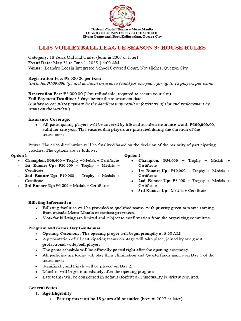 LLIS Volleyball League Season 3 Rules | PDF | Metro Manila | Sports
