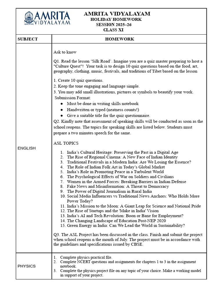 Class XI Holiday Homework Guide 2025-26 | PDF