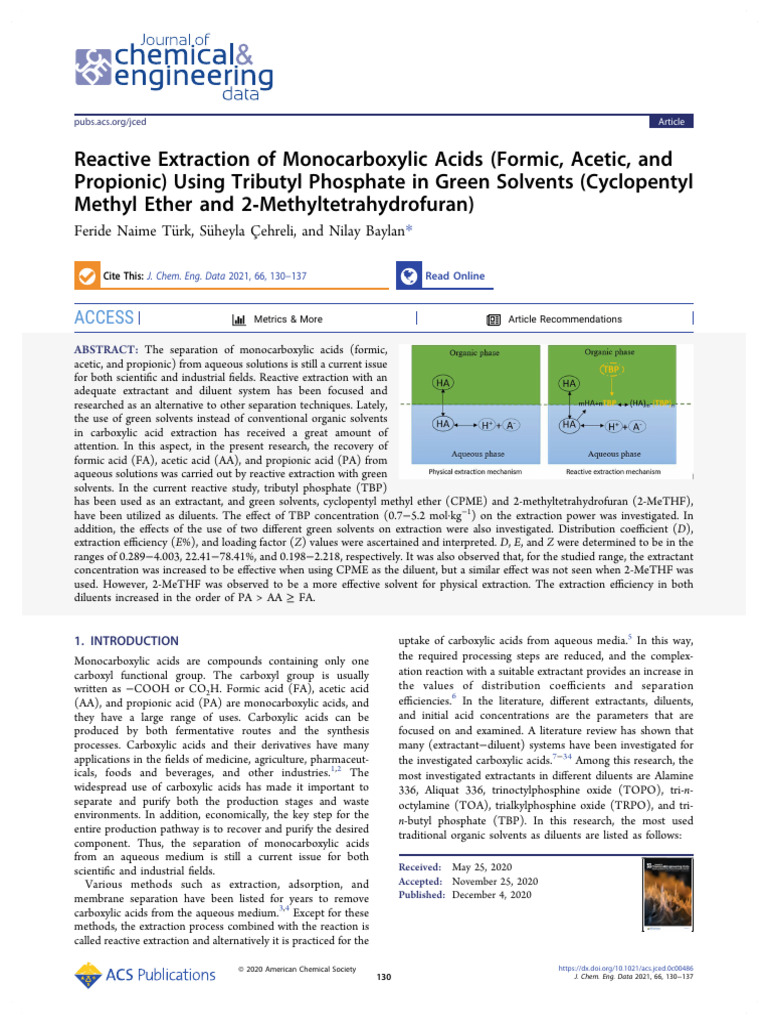 Türk Et Al 2020 Reactive Extraction of Monocarboxylic Acids (Formic ...