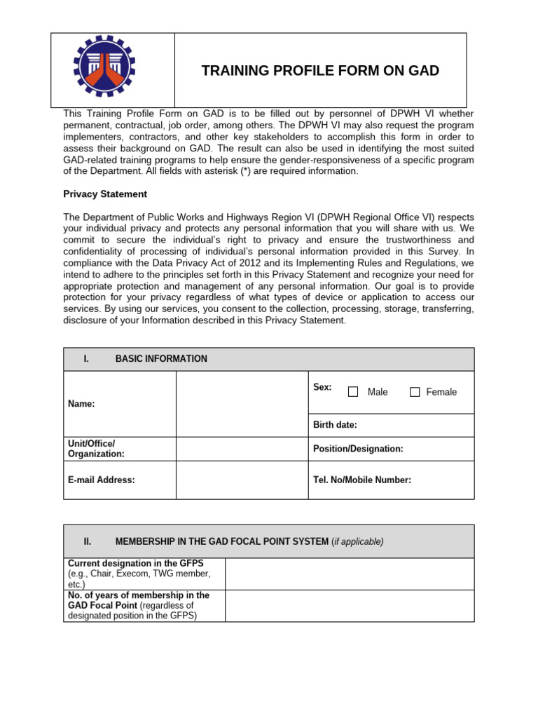 GAD Training Profile Form for DPWH VI | PDF | Privacy | Gender
