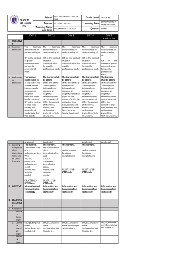 Grade 11 Empowerment Tech Lesson Plan | PDF | Educational Technology ...