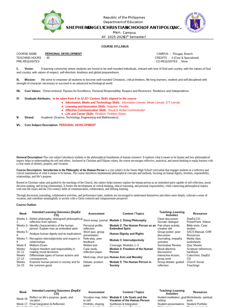 Personal Development Course Syllabus | PDF | Critical Thinking | Learning