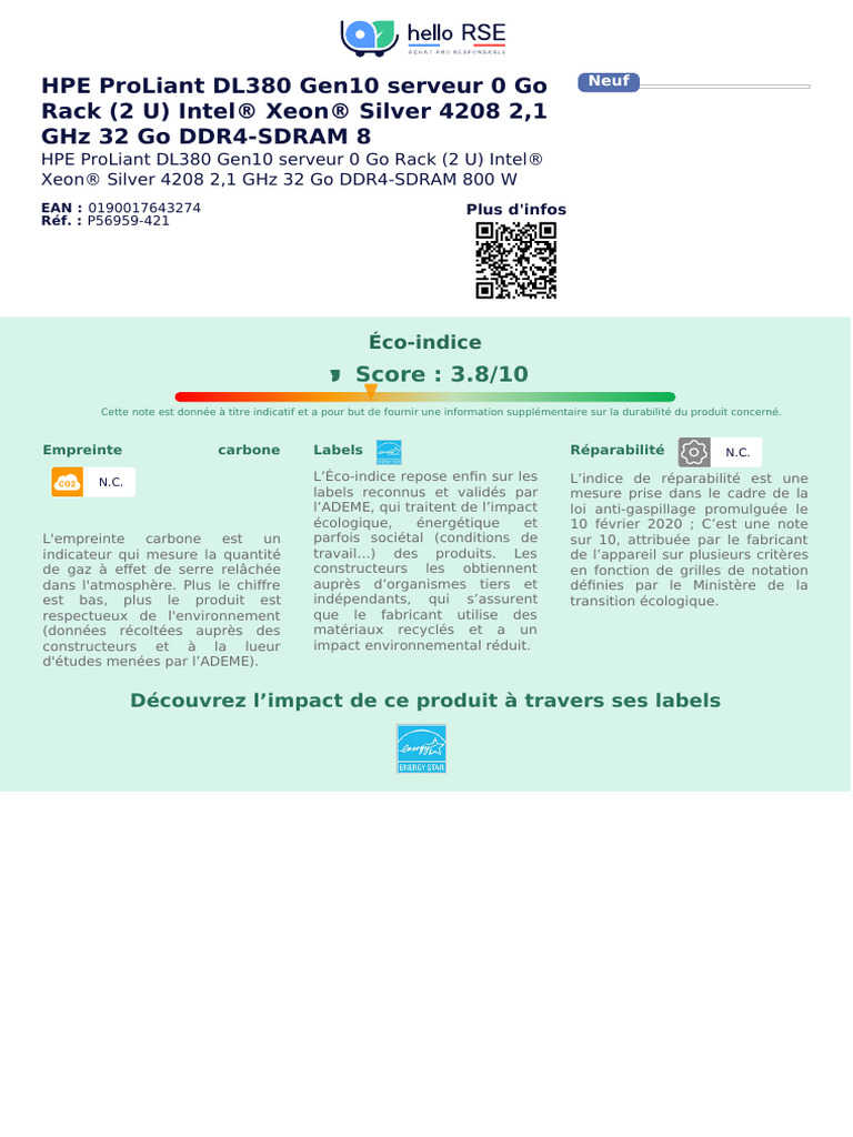 Serveur HPE ProLiant DL380 Gen10 2U | PDF | Responsabilité sociétale ...