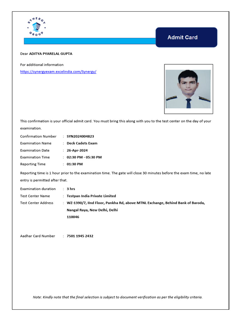 Deck Cadets Exam Admit Card Instructions | PDF | Identity Document