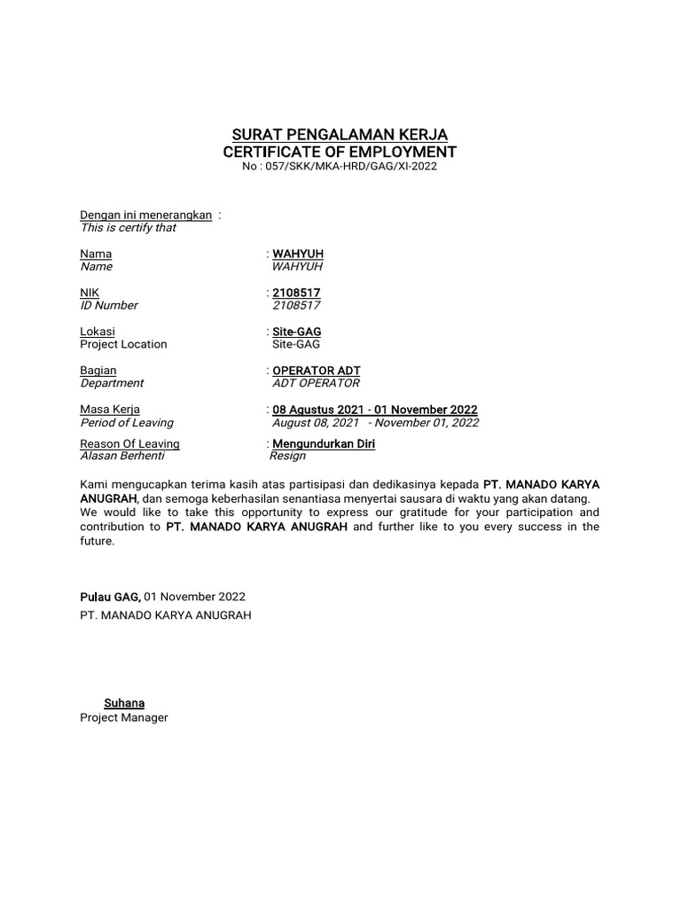 Certificate of Employment for Wahyuh | PDF