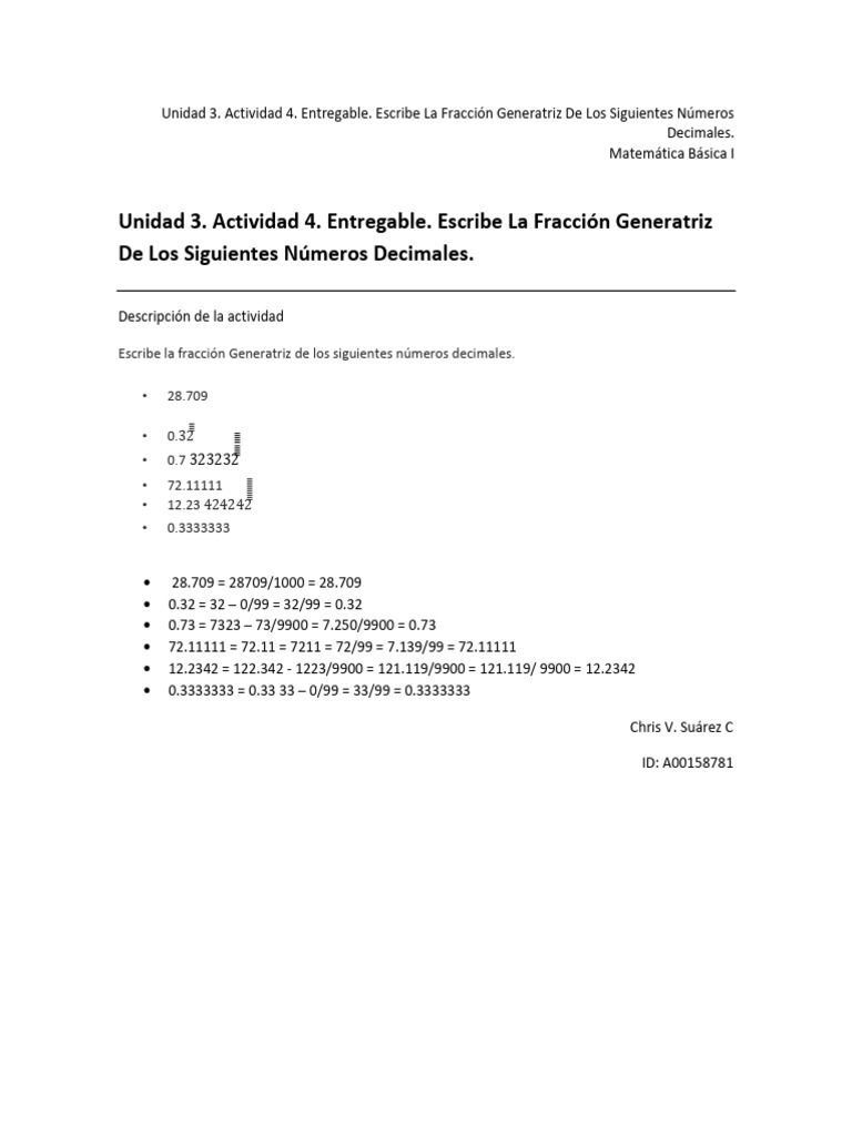 Fracciones Generatrices de Decimales | PDF