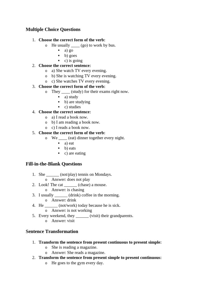 Present Simple vs Continuous Quiz | PDF | Linguistics